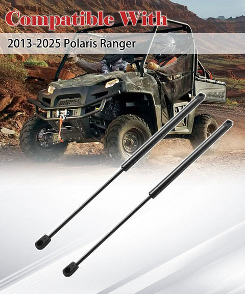 Top Shelf Front Window Lift Support Gas Struts 2 Piece Set For Polaris Ranger 2013 2025 shown with vehicle in background.