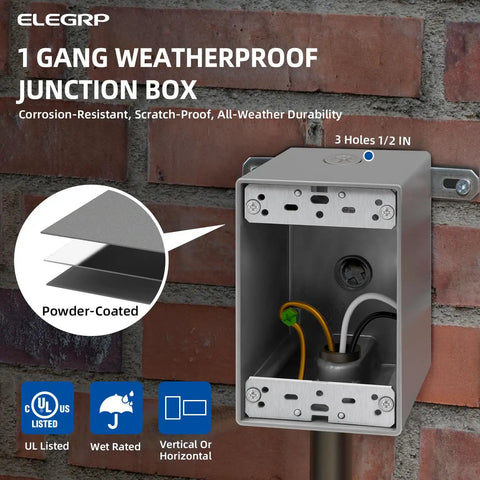 Close-up of Outdoor GFCI Outlet Kit With Weatherproof In Use Cover And Metal Box showcasing 1 gang metal box and powder-coated finish