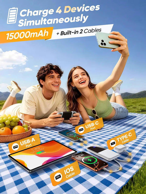 Portable Charger Power Bank With Built In Cable 15000mAh 22.5W Fast Charging used outdoors with multiple devices charging