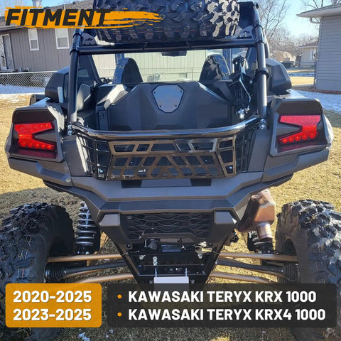 Heavy Duty Steel Cargo Barricade Tailgate Compatible With 2020 To 2025 Kawasaki Teryx KRX 1000 And 2023 To 2025 KRX4 1000 UTV view from rear