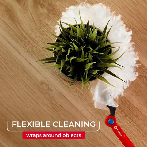 Heavy Duty Dusting Kit With Extendable 3 Ft Handle And Stay On Duster Hook Includes 3 Disposable Refills Traps 3X More Dust Than Feather Dusters Pro Grade Flexible Cleaning Fibers dusting round green plant on wooden table top view