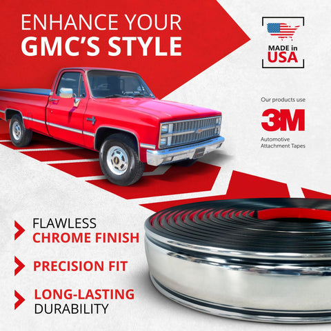 Chrome side molding trim roll for Chevy C10 square-body trucks; 2.25" wide, OEM-grade chrome.