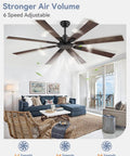 Living room with 65 Inch No Light Ceiling Fan With Remote In Black, Large Indoor Outdoor Ceiling Fan With Quiet Reversible DC Motor.