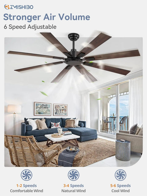Living room with 65 Inch No Light Ceiling Fan With Remote In Black, Large Indoor Outdoor Ceiling Fan With Quiet Reversible DC Motor.