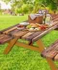 Beast Waterproof Outdoor Picnic Table Cover With Bench Covers 3 Piece Set Reusable Elastic Fitted Drawstring Bag For Rustic Wood Style Tables And Seats 30 By 72 Inches RV Camping installed on a picnic table with food.