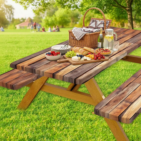 Beast Waterproof Outdoor Picnic Table Cover With Bench Covers 3 Piece Set Reusable Elastic Fitted Drawstring Bag For Rustic Wood Style Tables And Seats 30 By 72 Inches RV Camping installed on a picnic table with food.