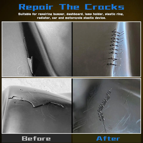 Before and after using 2 In 1 Plastic Welder And Hot Stapler Repair Kit With Smoothing Tips, 400 Staples, Car Bumper Fix