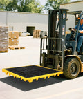 Forklift moving Spill Containment Tray With Drain, Heavy Duty 51x51x6 Inch Platform, Anti Slip Surface, Industrial Yellow.
