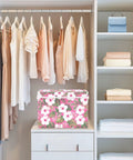 Super Slick Collapsible Storage Bin With Secure Velcro Lid And Tough As Nails Frame Handles For Hassle Free Bedroom Organization And Sweet Closet Solutions Smoothly Saves Space in a stylish closet with hanging clothes.