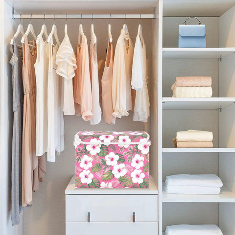 Super Slick Collapsible Storage Bin With Secure Velcro Lid And Tough As Nails Frame Handles For Hassle Free Bedroom Organization And Sweet Closet Solutions Smoothly Saves Space in a stylish closet with hanging clothes.