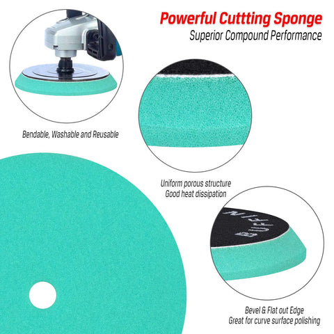 3 Piece Orbital Polishing Pads Set For Buffing And Waxing 5 Inch Hook And Loop Foam Buffer Pads For Cutting Compounding Polishing And Finishing Cars Like A Boss Durable German Foam With Secure Binding Technology, showcasing green cutting pad with bevel and flat edge design for surface polishing.
