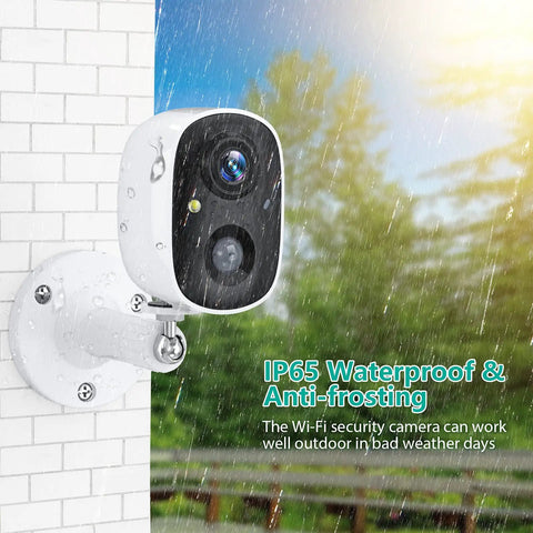 Wireless Outdoor Security Camera System With 1080P Two Way Audio And Full Color Night Vision mounted on wall in rain