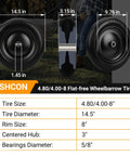 Diagram of 4.80/4.00-8 Flat Free Wheelbarrow Tire with dimensions and features, 14.5 inch diameter, 3 inch hub, 5/8 inch bearings.
