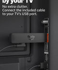 Fire TV Stick HD Latest Model With Free Live TV Alexa Voice Remote Effortless Setup Ultra Fast Navigation connected to TV USB port