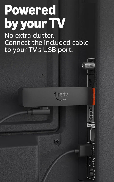 Fire TV Stick HD Latest Model With Free Live TV Alexa Voice Remote Effortless Setup Ultra Fast Navigation connected to TV USB port
