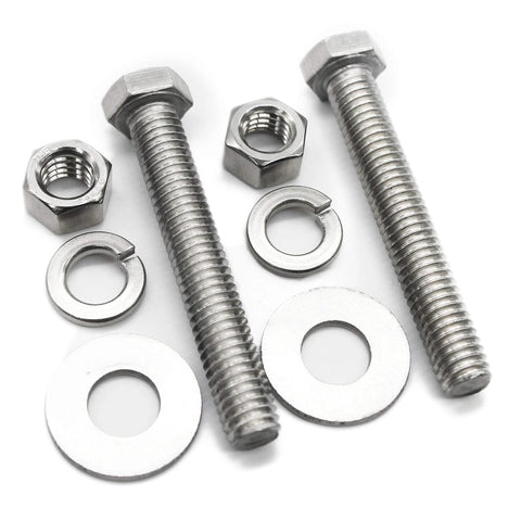 Two stainless steel hex-head bolts with nuts and assorted flat and split-lock washers (5/16-18 x 4 in).