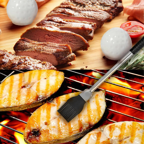 Golf Themed 8 Piece Barbecue Grill Utensils Set With Golf Club Spatula Golf Ball Tongs And Two Golf Ball Salt And Pepper Shakers with grilled meat and fish