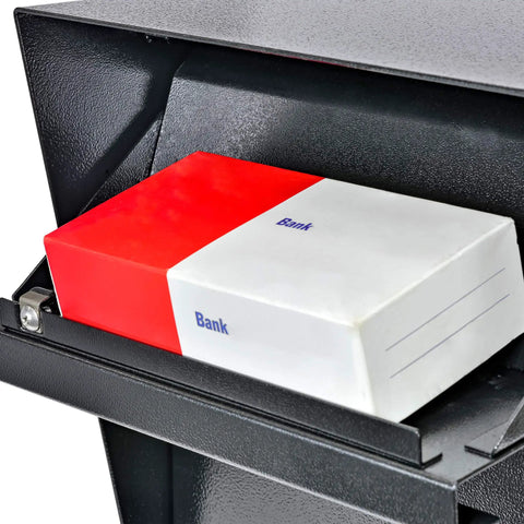 Street Safe Locking Mailbox With Rear Access Door showing a bank mail parcel being secured inside, Bi-Cam anti-pry latch visible