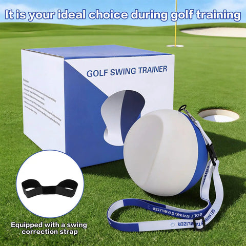 Golf Swing Training Ball With Forearm Connection And Correction Band For Consistent Impact, shown with packaging on grass