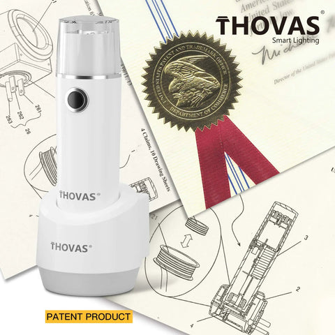 Thovas branded rechargeable LED flashlight and night light kit, shown with patent drawings and certificate, for home safety.