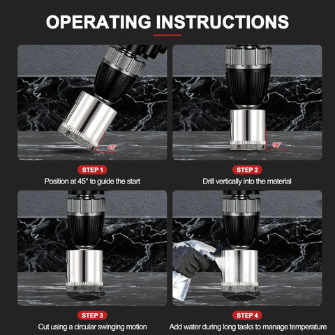 Operating instructions for Pro Grade Diamond Hole Saw Set For Tile And Stone Hassle Free Drilling. Steps to drill effectively.