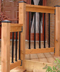 Outdoor deck with wooden railings featuring Baluster Set Of Ten Three Quarter Inch Square Balusters 32 Inch Long Powder Coated Black Heavy Gauge Galvanized Steel For Durable Deck Railings Ideal For Outdoor Decks And Railings Projects.