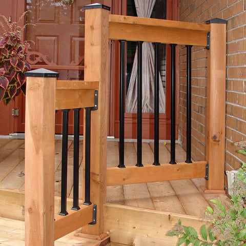 Outdoor deck with wooden railings featuring Baluster Set Of Ten Three Quarter Inch Square Balusters 32 Inch Long Powder Coated Black Heavy Gauge Galvanized Steel For Durable Deck Railings Ideal For Outdoor Decks And Railings Projects.