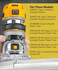Hand holding a DeWalt compact router with visible Replacement Sub Base Clamp A27941 for secure base setup, fits listed models.