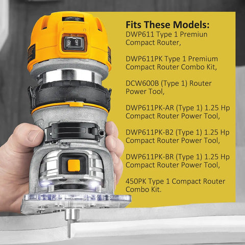 Hand holding a DeWalt compact router with visible Replacement Sub Base Clamp A27941 for secure base setup, fits listed models.