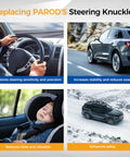 Collage highlighting benefits of replacing PAROD's steering knuckles with images of driving, vehicles, and relaxed passengers.