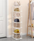 Space Saving Bamboo 7 Tier Shoe Rack Organizer Free Standing Narrow Corner Shelf For Boots And Sneakers For Entryway Closet Garage Mudroom Living Room White with hats and bags.