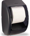 Black wall-mounted Duett Dual Roll Bath Tissue Dispenser With Infinity System Keeps Spare Roll Ready Reduces Stub Roll Waste
