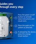 Philips HeartStart Home AED defibrillator, blue device with green pull tab and instruction icons.