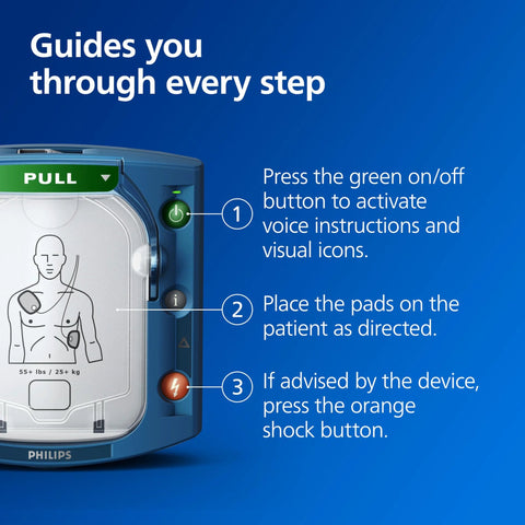 Front view of Philips HeartStart Home AED defibrillator in blue with green PULL tab and on-device instructions