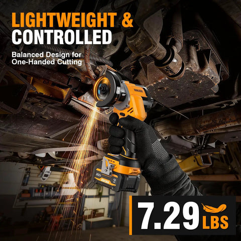 Person using 20V Cordless Mini Circular Saw With Brushless Motor Up To 18000 RPM 3 Inch Cutting Capacity Forward And Reverse LED Light Includes Two 4Ah Batteries And Charger For Wood Metal Tile PVC Cutting under a vehicle