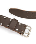 Close-up of adjustable full-grain leather belt from 14 Pocket Framer Tool Belt Set With Tough As Nails Pro Grade Full Grain Leather