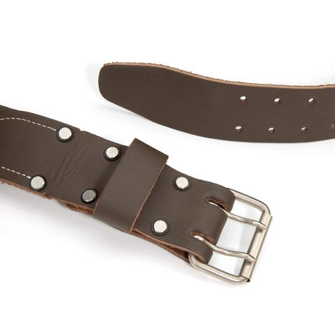 Close-up of adjustable full-grain leather belt from 14 Pocket Framer Tool Belt Set With Tough As Nails Pro Grade Full Grain Leather