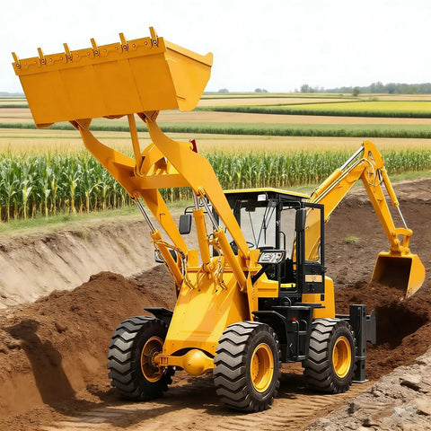 Compact Backhoe Loader With Front Loader And Rear Excavator Arm Towable Mini Wheel Digger For Construction Farm And Rural Projects Workhorse Power And Easy Transport For Small Jobs And Tough Terrain operating on farmland.