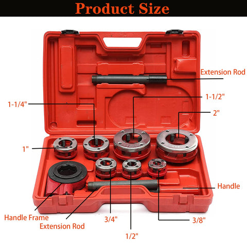 Ratcheting Pipe Threader Kit With Seven Dies Set Covers 3/8 In, 1/2 In, 3/4 In, 1 In, 1-1/4 In, 1-1/2 In, 2 In BSPT in red case