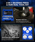 2 In 1 Bearing Press And Hub Seal Installer Kit for Trucks and Vehicles with 9 Bearing Adapters displayed with tool case and usage examples
