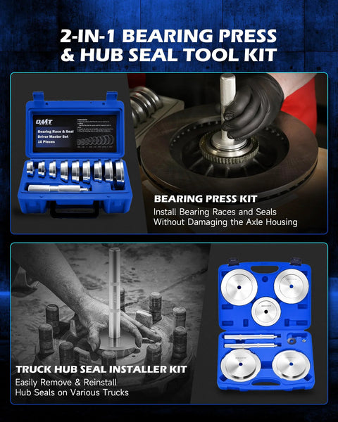 2 In 1 Bearing Press And Hub Seal Installer Kit for Trucks and Vehicles with 9 Bearing Adapters displayed with tool case and usage examples
