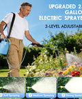 Man using battery powered 2 gallon sprayer with three speed settings, extendable spray wand for backyard garden care.