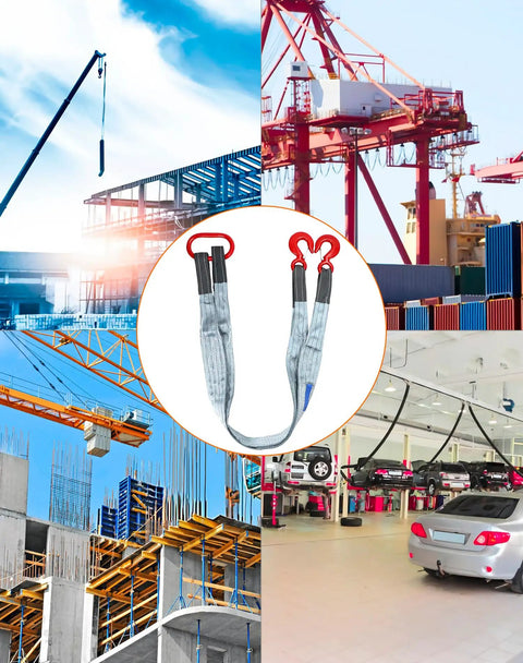 Heavy Duty Two Leg Bridle Web Sling Polyester Lifting Strap With Tough Steel Grab Hooks 6.56 Feet Long rated for 17636 lbs in industrial setting.