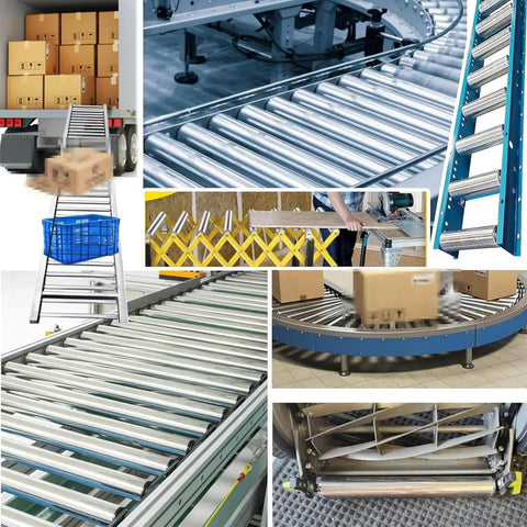 Heavy Duty Pack Of 5 Conveyor Rollers Made From Durable Stainless Steel For Industrial Use, showing rollers in a conveyor setup.
