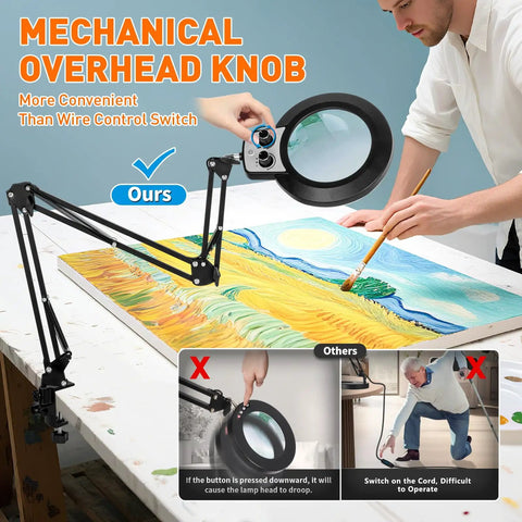 12X Magnifying Glass With Light And Stand, Extra Long Arm Overhead Magnifier for workbench, artist painting under lens