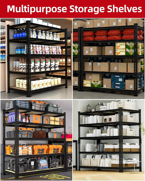 Beefy Heavy Duty Garage Storage Shelves Five Tier Metal Rack With 650 Lbs Per Shelf And 3250 Lbs Total Load Capacity Powder Coated Steel Frame With Thickened Wood Boards For Garage And Workshop, 5-tier black rack
