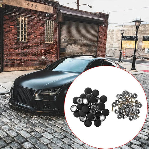 Top Quality 30x Auto Car Roof Snap Rivets Kit For Home Repair Fixing Interior Ceiling Panels And Retaining Pins With Heavy Duty Rust-Proof Stainless Steel Assortment, black and silver rivets shown with car