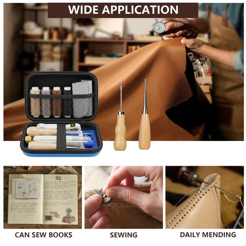 All In One Leather Repair Kit With Waxed Thread And Heavy Duty Tools For Car Seats, Sofas, And Carpets displayed with tools.