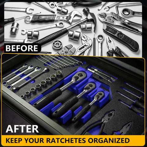 Ratchet Organizer Set For One Quarter Inch, Three Eighths Inch, And One Half Inch Ratchets With Low Profile Magnetic Drawer Mounts Modular Space Saving Drawer Organization In Blue For Toolboxes And Busy Shops, showing before and after tool organization.