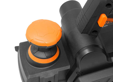 Close-up of orange adjustment knob on Cordless Planer With Brushless Motor, Dual 3-1/4-Inch Blades, Beastly 26,000 Cuts Per Minute.